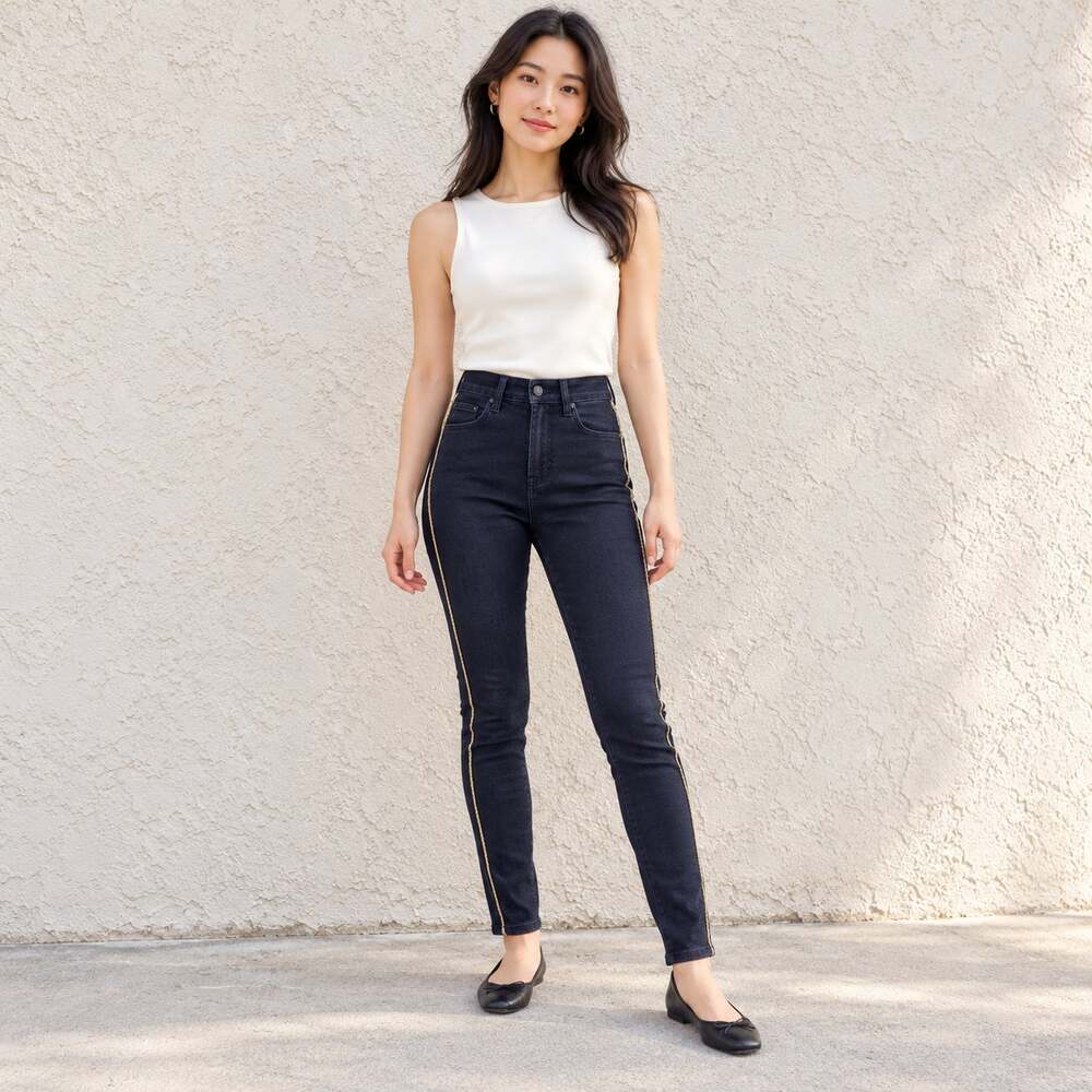 J Brand Jeans WMNS 25 Black Gold Braid Leenah Super High Rise Skinny Rock Chic